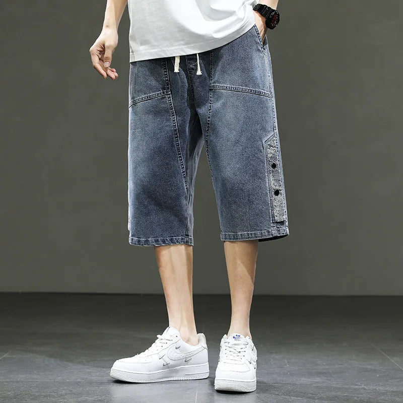 Korean Style Summer Men's Black Wide Leg Denim Shorts New Fashion Casual Baggy Short Jeans Male Plus Size 6XL 8XL YBR602