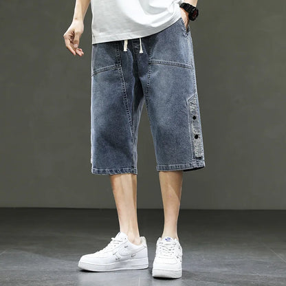 Korean Style Summer Men's Black Wide Leg Denim Shorts New Fashion Casual Baggy Short Jeans Male Plus Size 6XL 8XL YBR602