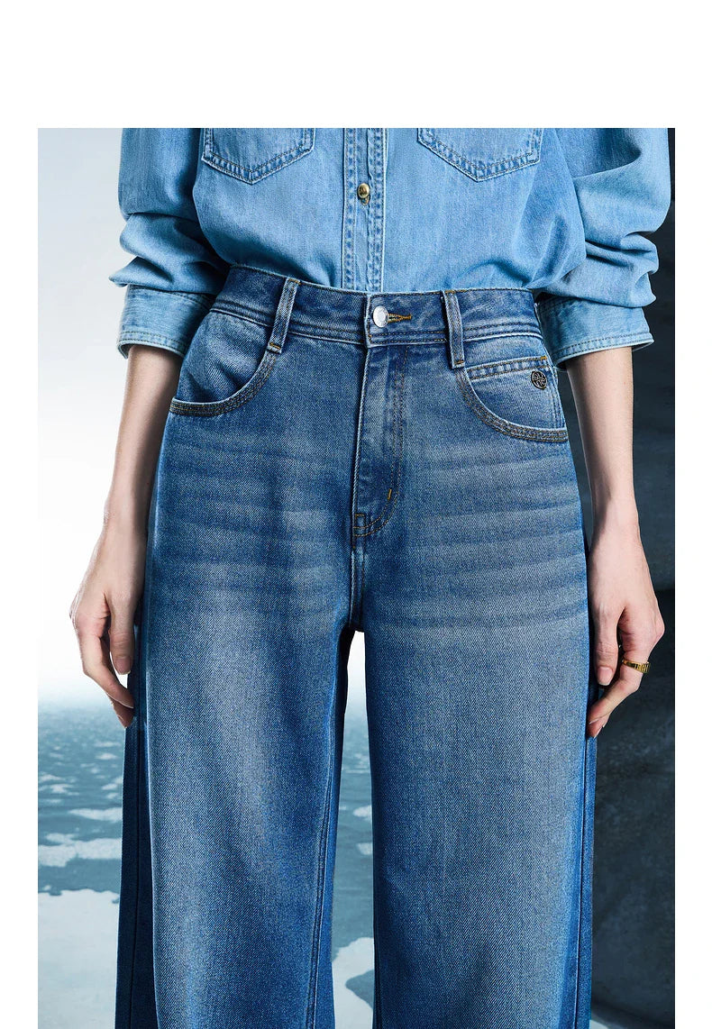 Women Denim Jeans 2025 Spring New Acetate Wide Leg Mid Low Waist Slim Fit Straight Wide Leg Pants