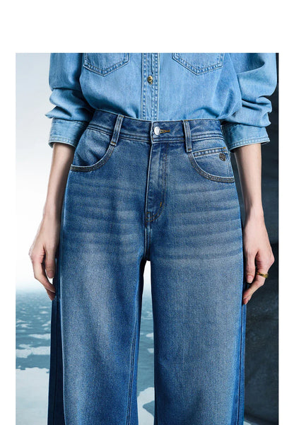 Women Denim Jeans 2025 Spring New Acetate Wide Leg Mid Low Waist Slim Fit Straight Wide Leg Pants