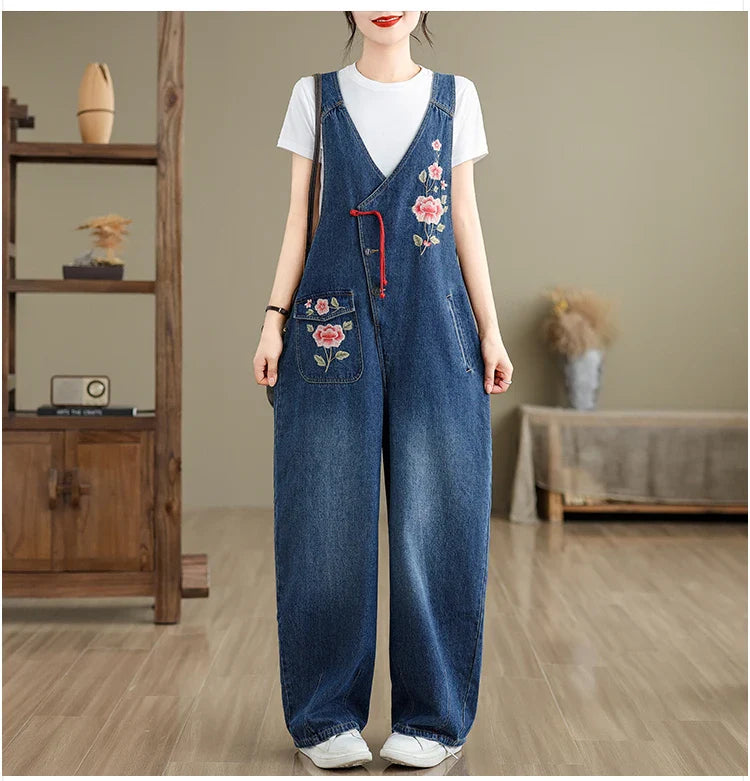 Spring 2025 New Vintage Large Size Loose Embroidered Denim Overalls High Waist Long Pants Women's Faion Casual Jeans