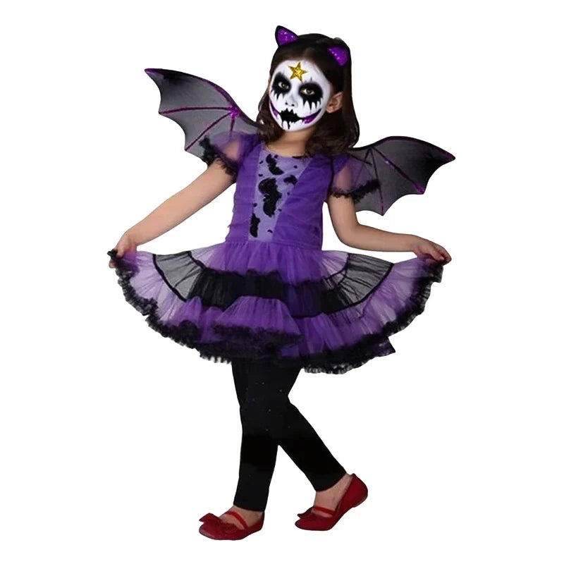 Halloween Costume for Kids Girls Purple Bat Dress Halloween Fantasy Vampire Costume Witch Cosplay Clothes Carnival Party Gifts