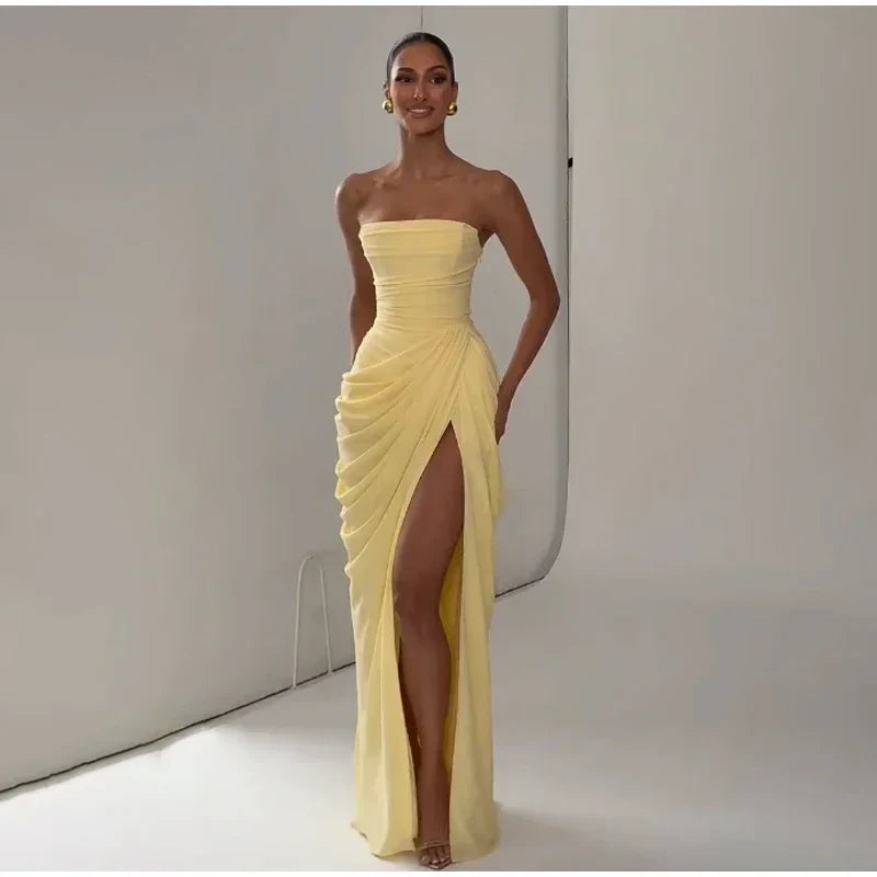 Women Strapless Pleated Long Dress Elegant Solid Split Sleeveless Backless High Waist Slim Fit Maxi Dresses 2026 Lady Party Robe