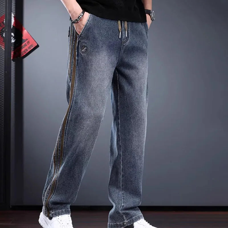 Korean Men'S Jeans Fashion Casual Pants Retro Men'S Straight Leg Pants Side Striped Denim Drawstring Pants