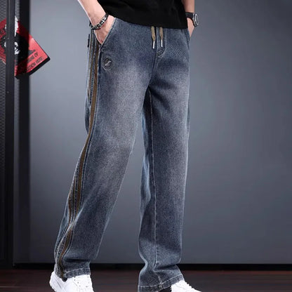 Korean Men'S Jeans Fashion Casual Pants Retro Men'S Straight Leg Pants Side Striped Denim Drawstring Pants