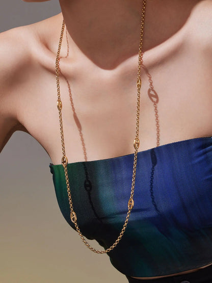 80cm Long Necklace for Women 18k Gold Plated Stainless Steel Chain Necklaces Inlaid Zircon Charm Sweater Chains Necklace
