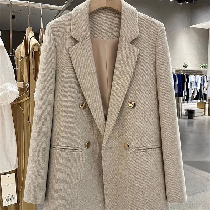 Fashion Woolen Suit Jacket Women's Vintage Blazers Double-breasted Office Coat Female Casual Outerwear Spring Autumn Streetwear