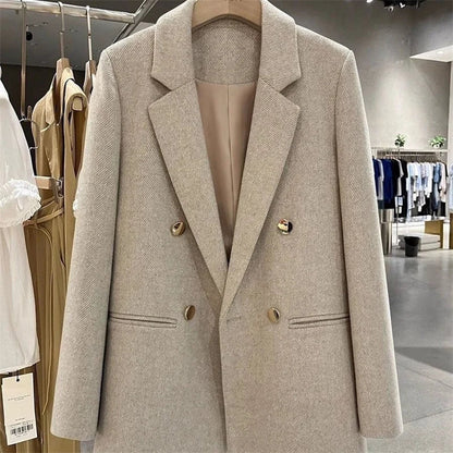 Fashion Woolen Suit Jacket Women's Vintage Blazers Double-breasted Office Coat Female Casual Outerwear Spring Autumn Streetwear