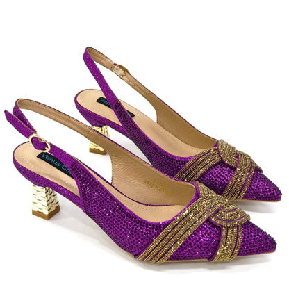 2024 Special Design High Quality Orange Color African Women Shoes and Bag Set with Shinning Crystal for Wedding Party