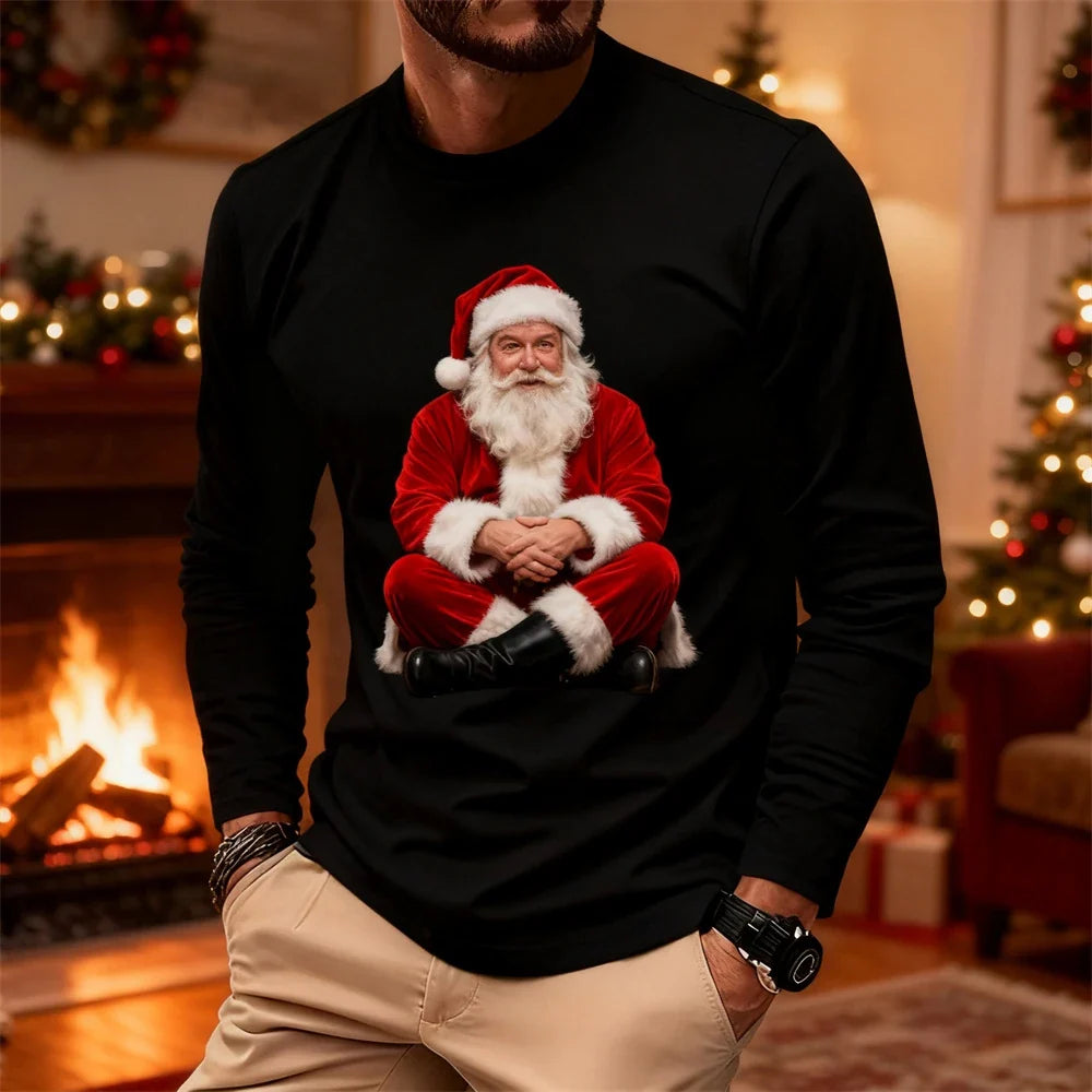 New Fun Santa Claus Design Comfortable Long-Sleeve T-Shirt Santa Claus Pattern Men's Casual Crew Neck Loose-Fit Breathable Top