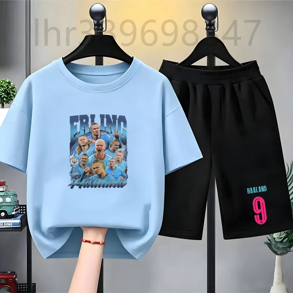 Summer Tees Football Famous General Print Set Suitable Children Short Sleeve Girls Boy Set Tshirt+Shorts 2pcs Kids Clothing