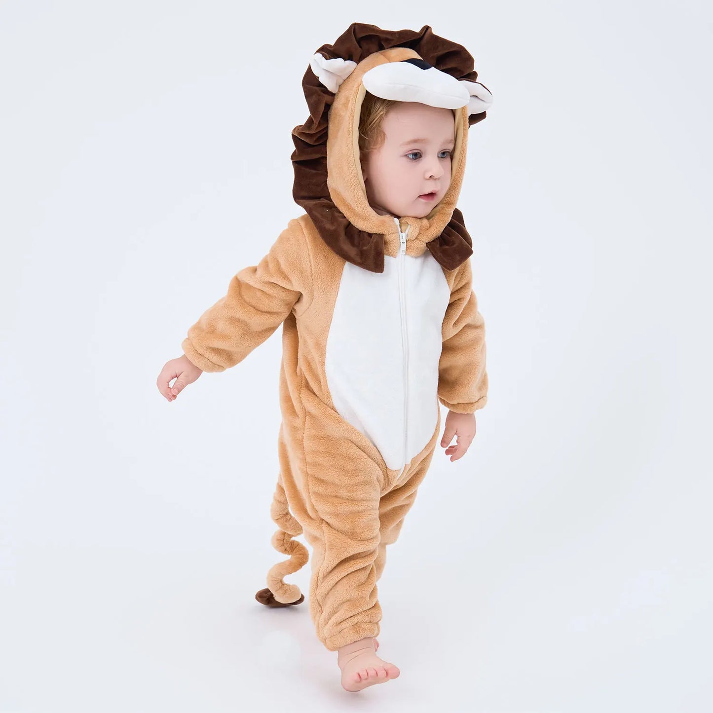 Cartoon Little King of Beasts Lion Costume Romper Jumpsuit for Baby Boy Infant Toddler Winter Outfit Pajamas Flannel Comfy 3-36M