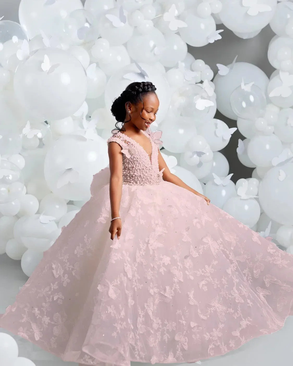 White Flower Girl Dresses for Wedding Butterfly Appliques Pearl Floor Length Girl Kids Birthday Party First Holy Communion Gown