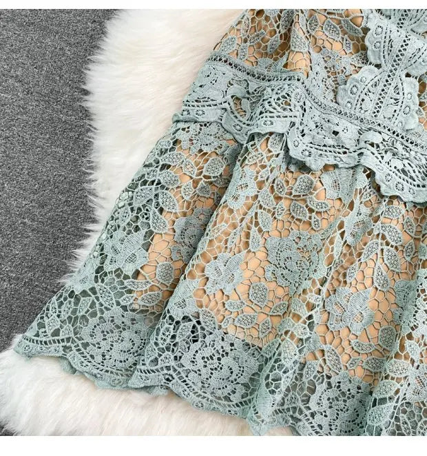 Retro Court Sle round Ne Fly Sve Slimming Soluble Hook Flower Hollow A-Line Dr Summer New Arrival Women's Faion