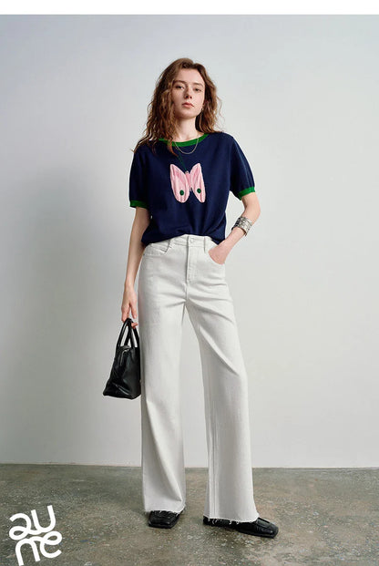 Women Jeans 2026 Spring New Black Label Lycra Stretchy White Frayed Cuff Loose Wide-Leg Pants