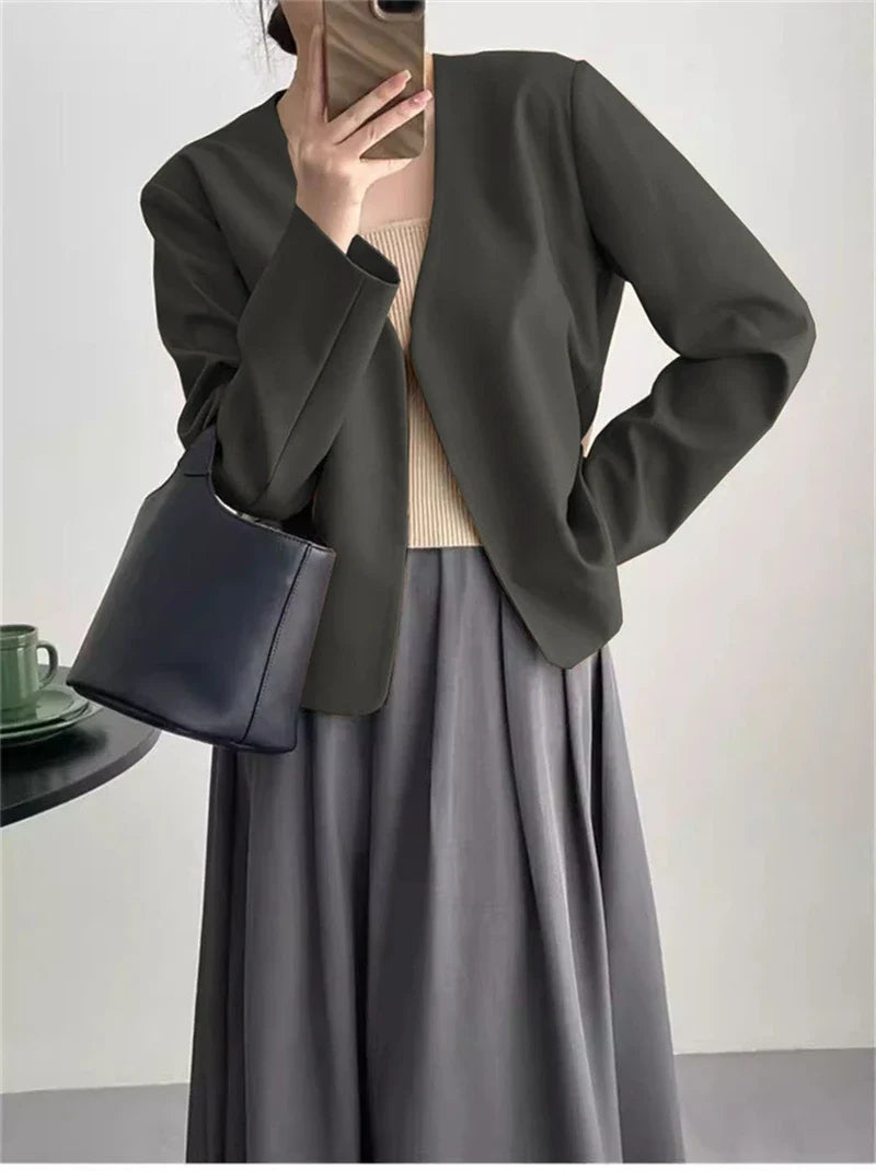 2025 Spring Autumn Fashion New Women's Suit Jackets Solid Short Coats Korean Blazers Long Sleeve Cardigan Coat Without Placket
