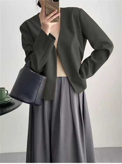 2025 Spring Autumn Fashion New Women's Suit Jackets Solid Short Coats Korean Blazers Long Sleeve Cardigan Coat Without Placket