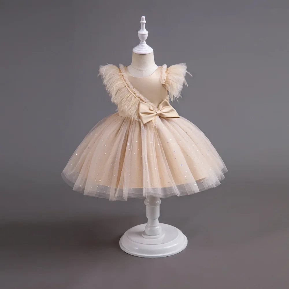 Summer Girls' New Bow Sequin Flying Sleeves Mesh Fluffy Skirt Piano Competition School Graduation Ceremony Dress