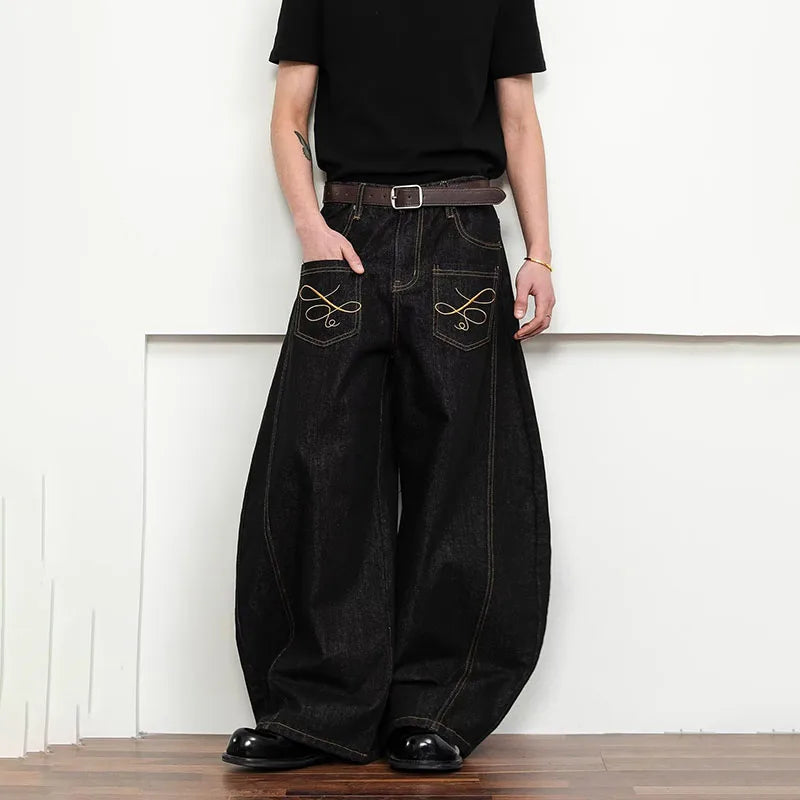 Korean Spring And Autumn Men'S Embroidered Curved Knife Jeans Wide Leg Pants Low Waist Casual Loose Straight Leg Pants
