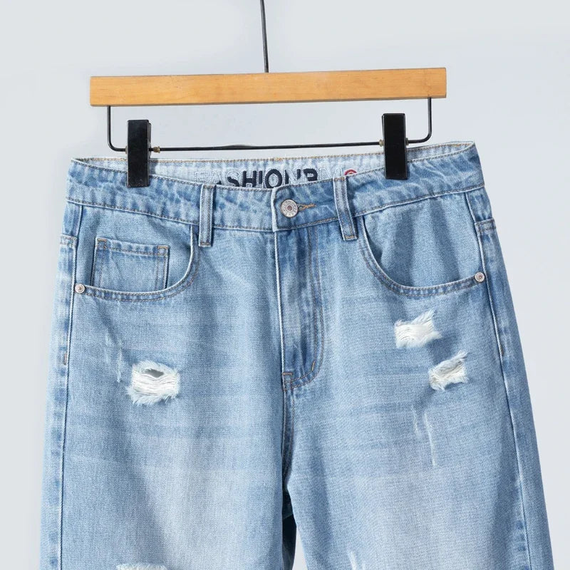Summer Thin Ripped Jeans Mens Straight Breathable Washed Denim Trousers Casual Streetwear Harlen Ankle Length Pants Light Blue