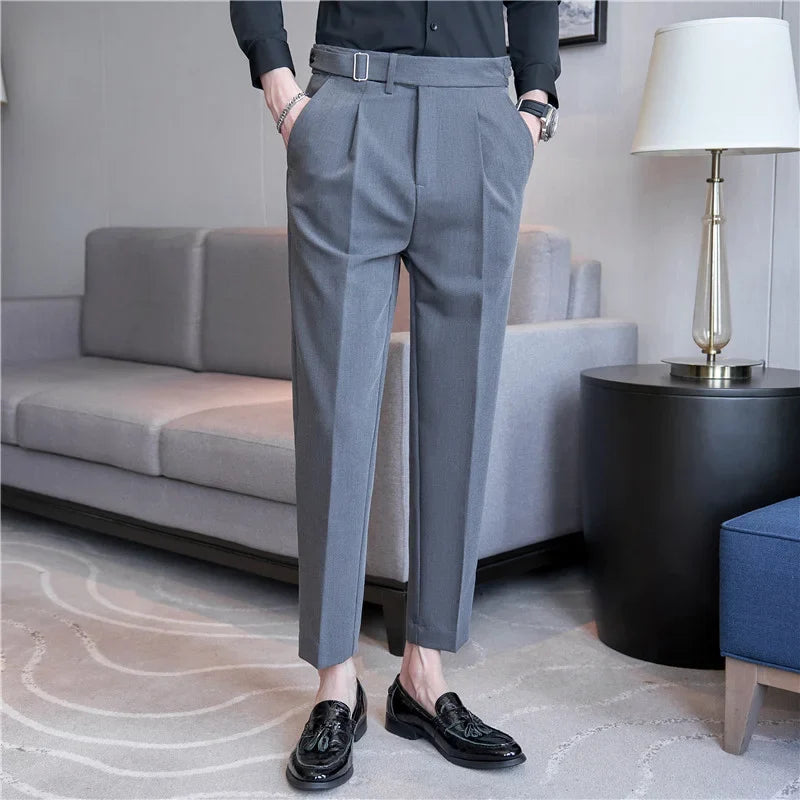 2026 Texture Naples Men's Solid Color Casual Pants Fashion Belt Design Slim Fit Suit Pants Formal Wear Wedding Social Trousers
