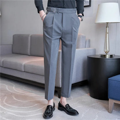 2026 Texture Naples Men's Solid Color Casual Pants Fashion Belt Design Slim Fit Suit Pants Formal Wear Wedding Social Trousers