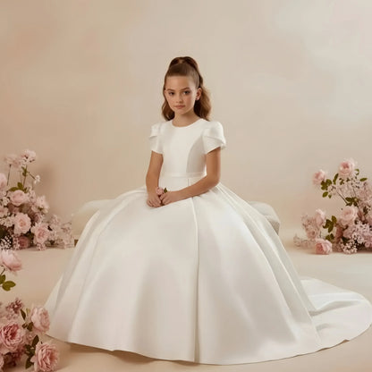 White Flower Girl Dress for Wedding With Bow Satin Floor Length Elegant First Communion Ball Birthday Party Gowns