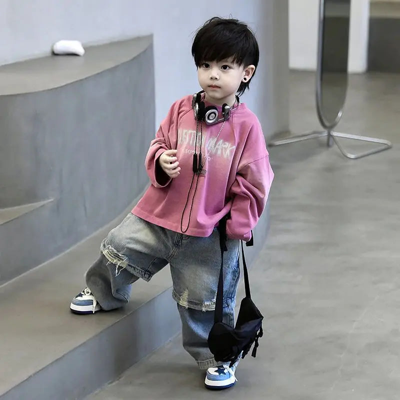 2pcs Set Children's Clothing 2026 Boy Spring Autumn New Korean Version Pink Gradient Base Shirt Fashion Personalized Denim Pants