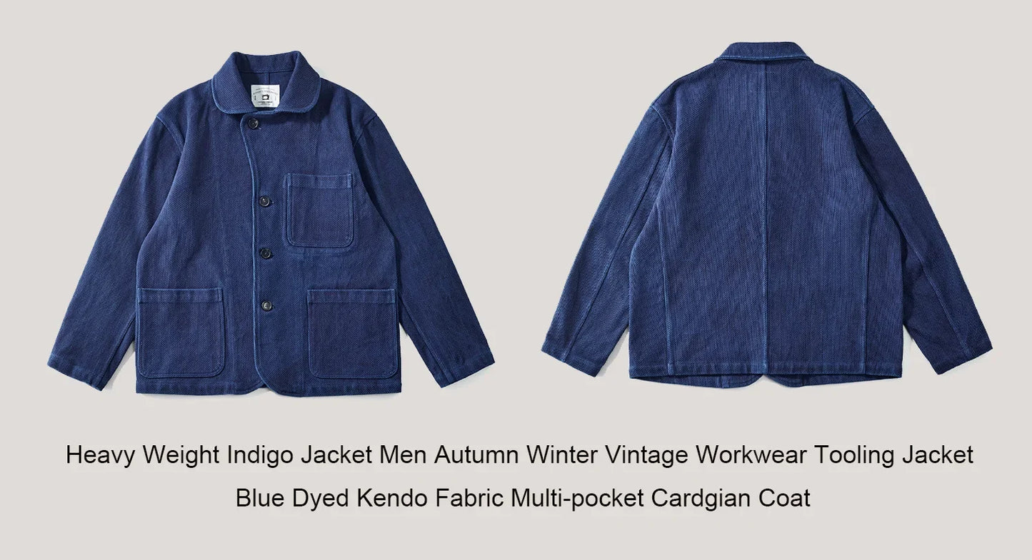 Heavy Weight Indigo Jacket Men Autumn Winter Vintage Workwear Tooling Jacket Blue Dyed Kendo Fabric Multi-pocket Cardgian Coat