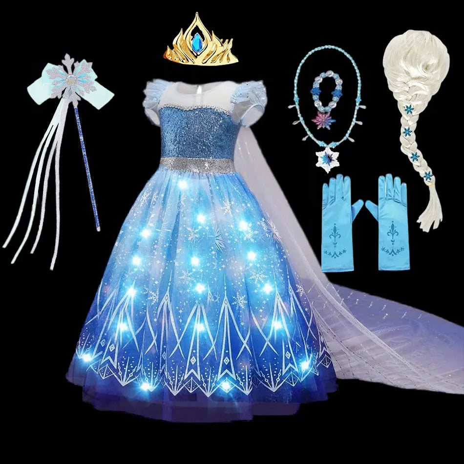 Halloween Girl Elsa Role Playing Dress Light Up Halloween Frozen Carnival Apparel Girls Birthday Cosplay Princess Glowing Dress