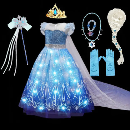 Halloween Girl Elsa Role Playing Dress Light Up Halloween Frozen Carnival Apparel Girls Birthday Cosplay Princess Glowing Dress