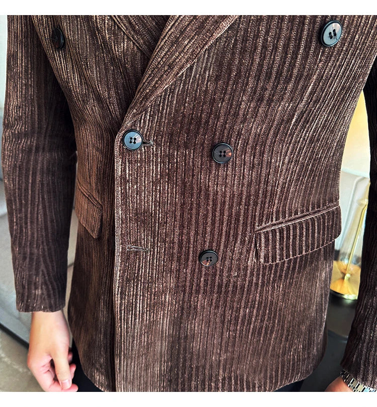 Autumn Winter New Men Corduroy Suit Jackets Double-Breasted Striped Slim Fit Casual Coats High Quality Formal Business Tailcoat