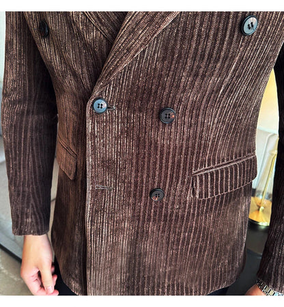 Autumn Winter New Men Corduroy Suit Jackets Double-Breasted Striped Slim Fit Casual Coats High Quality Formal Business Tailcoat