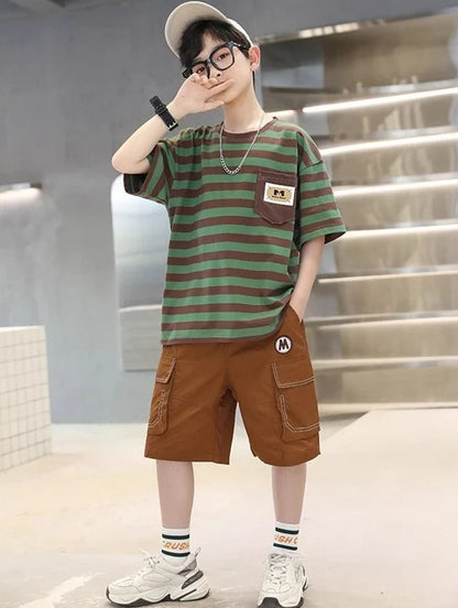 Stripes Children's Outdoor Clothes 4 Years Clothing Suit for Kids Boys Top Bottom Set Junior Shorts Summer Boy Child T-shirt 7 8