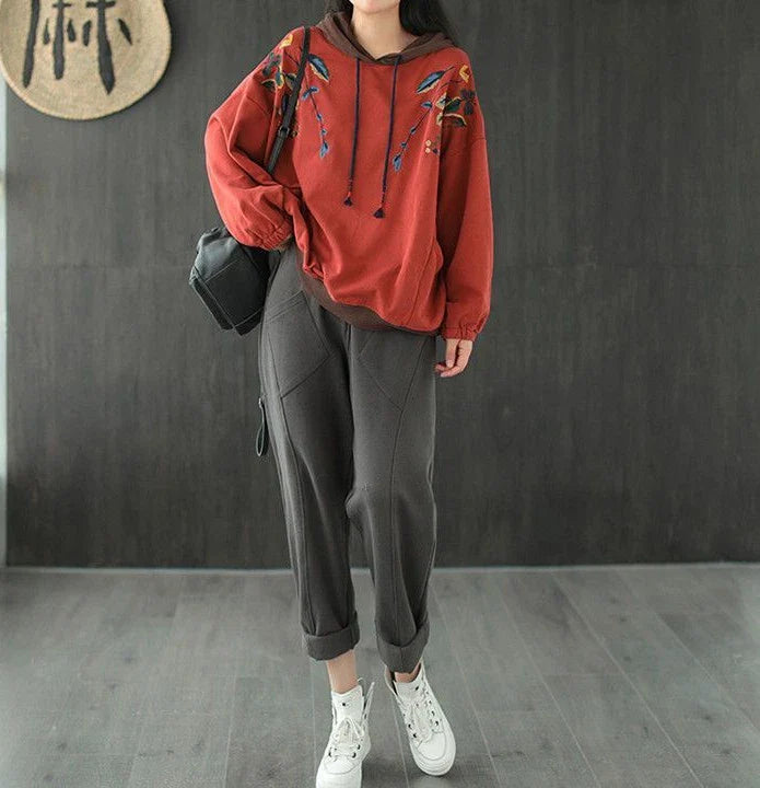Brown Hoodies Embroidered Female Clothes Hooded Red Sweatshirts for Women Loose Green Baggy Tops Aesthetic Thick Goth Trend Emo
