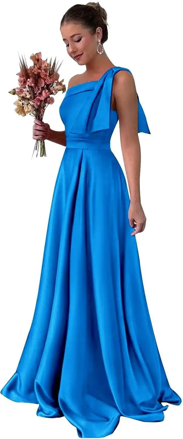 One Shoulder Large Bow Bridesmaid Dress with Pleated Satin and Pockets Simple ,Stylish Ball Dressadies' Guest One Shoulder Dress