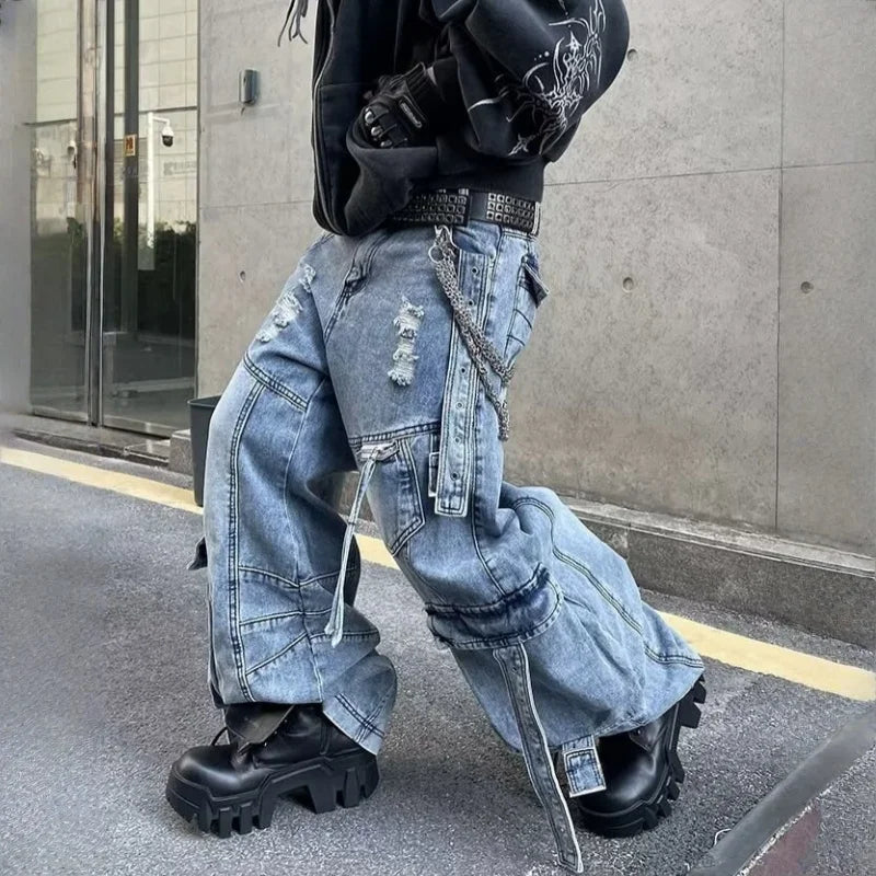 2025 Cyber Y2K Streetwear Washed Blue Baggy Ripped Cargo Jeans Pants For Men Clothing Wide Leg Vintage Loose Punk Denim Trousers