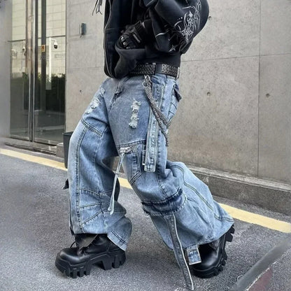 2025 Cyber Y2K Streetwear Washed Blue Baggy Ripped Cargo Jeans Pants For Men Clothing Wide Leg Vintage Loose Punk Denim Trousers