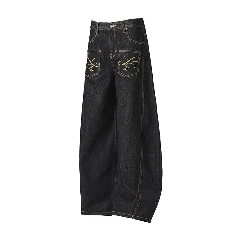 Korean Spring And Autumn Men'S Embroidered Curved Knife Jeans Wide Leg Pants Low Waist Casual Loose Straight Leg Pants