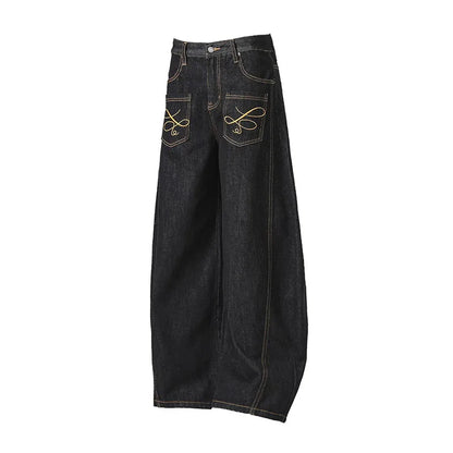 Korean Spring And Autumn Men'S Embroidered Curved Knife Jeans Wide Leg Pants Low Waist Casual Loose Straight Leg Pants