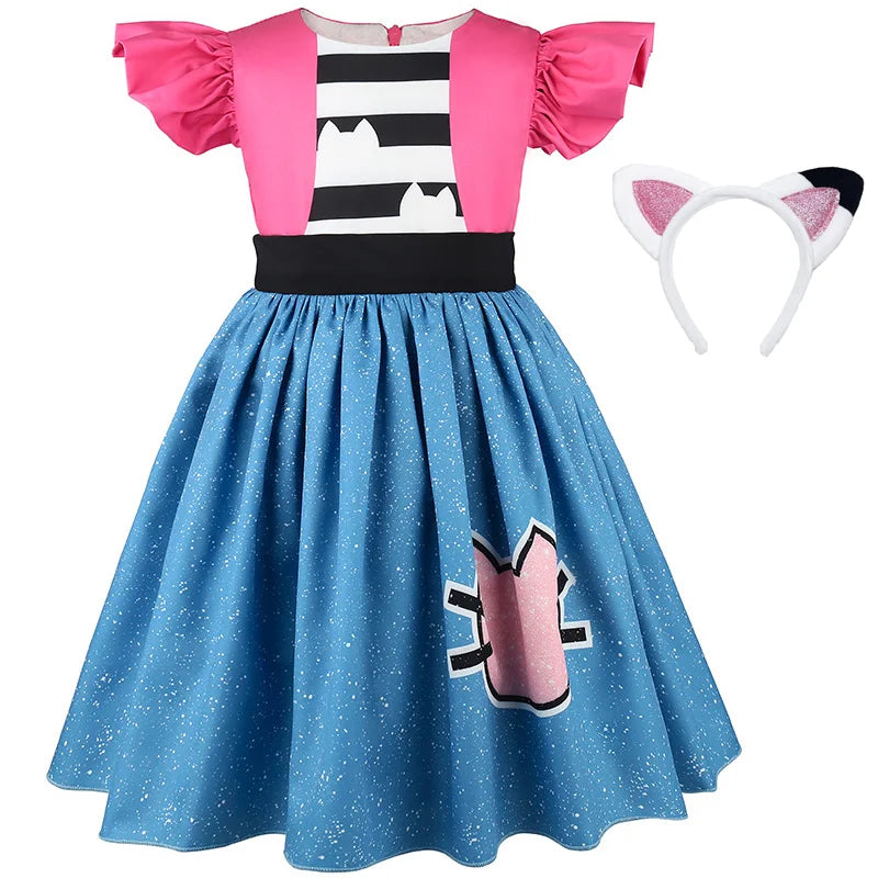 Summer Kids Flying Sleeve Cats Princess Dress With Ears Headwear For Carnival Birthday Party Fancy Girls Striped Vestidos