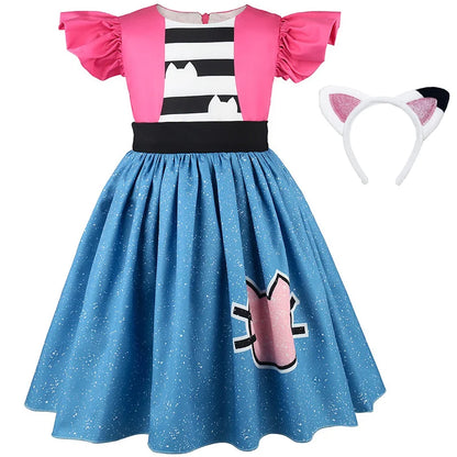 Summer Kids Flying Sleeve Cats Princess Dress With Ears Headwear For Carnival Birthday Party Fancy Girls Striped Vestidos