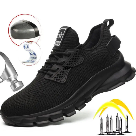 Black Safety Shoes Men Steel Toe Sneakers Lightweight Puncture Proof Work Safety Boots Man Breathable Working Shoes Anti-smash