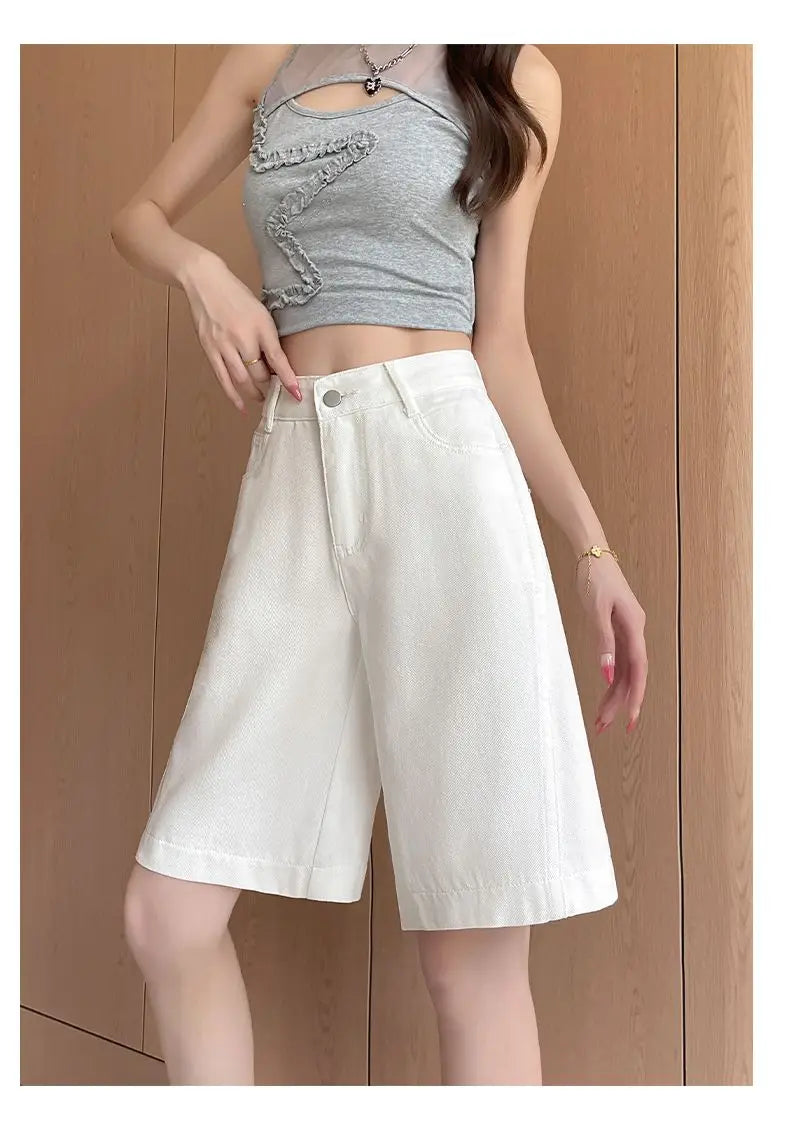 Women's 2026 Summer White Five-Point Denim Shorts Korean Y2K High Waist Loose Slimming Stretch Straight Leg Jeans