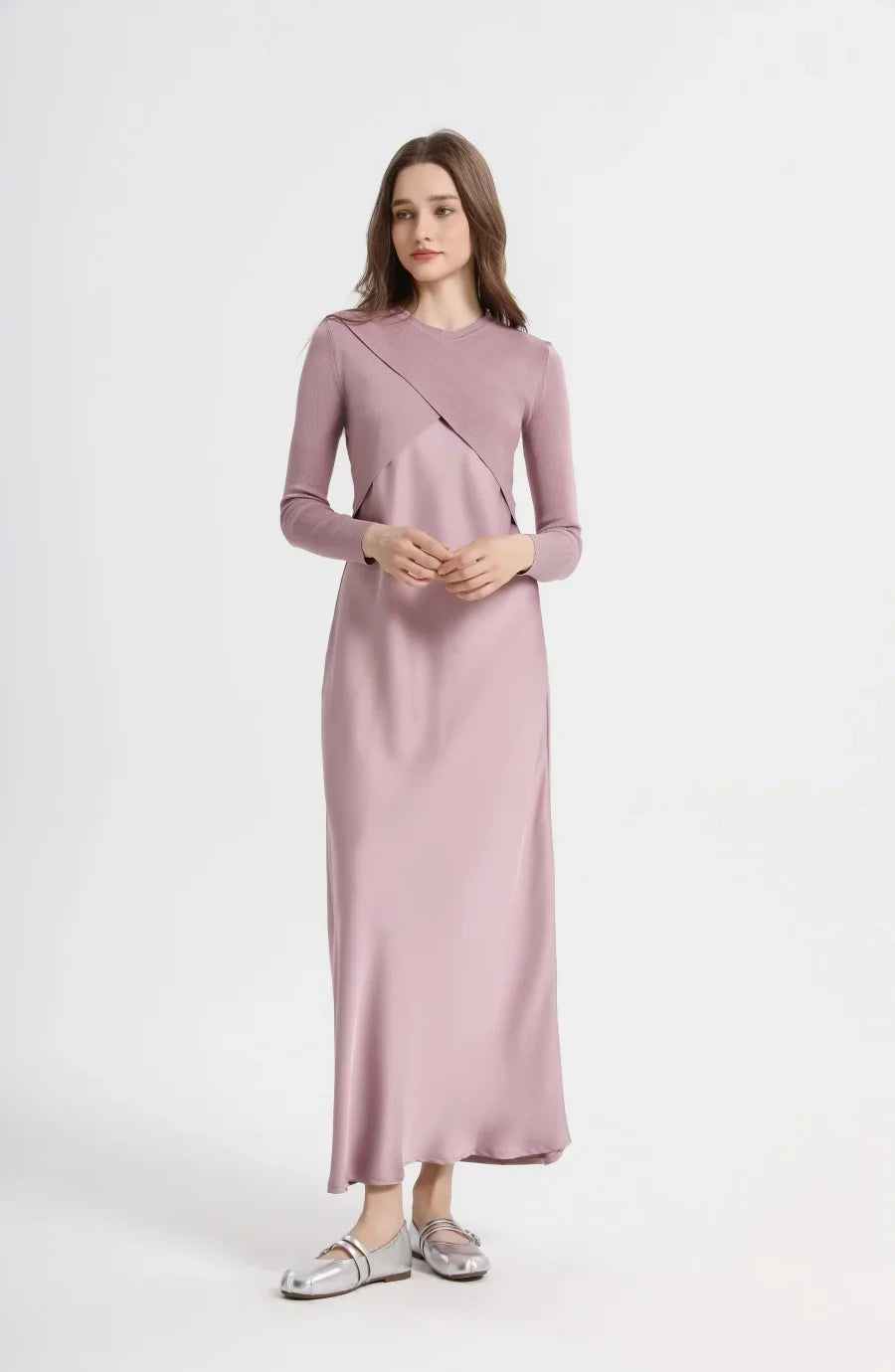 AS 2025 spring summer elegance satin dress + knitted top match set maxi floor length woman clothes