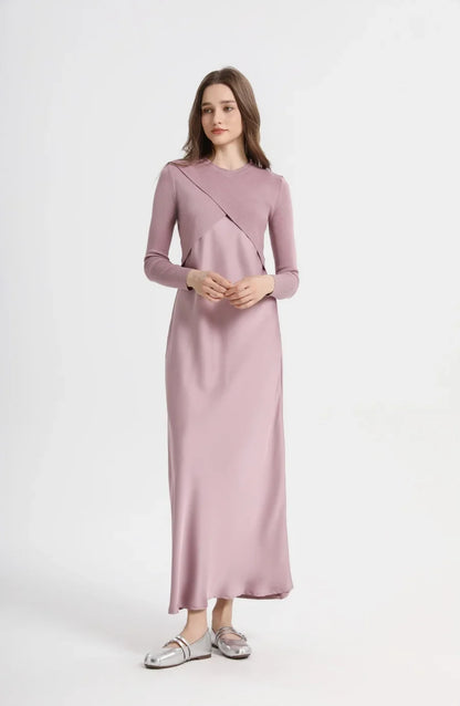 AS 2025 spring summer elegance satin dress + knitted top match set maxi floor length woman clothes