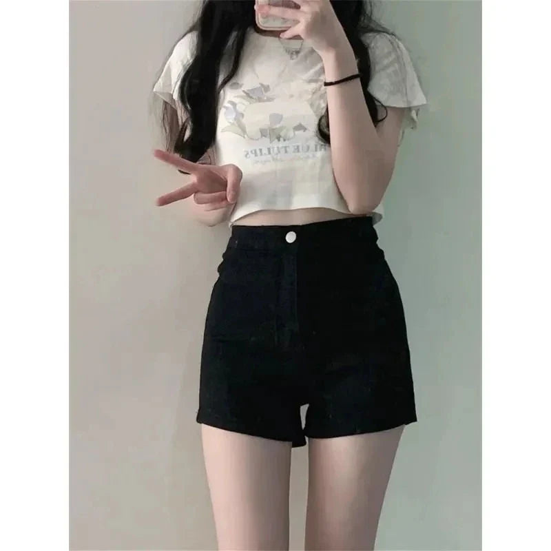 Y2K Korean Style Women's Black High Waisted Denim Shorts New A-Line Wide Leg Slim Fit Casual Summer Streetwear Trendy Hot Pants