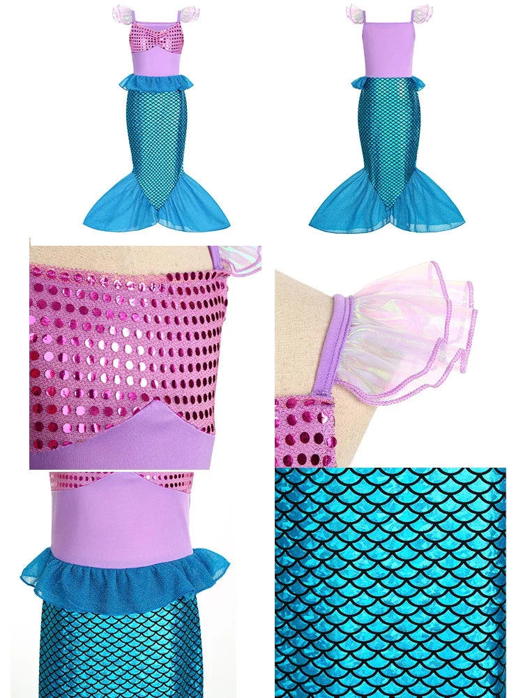Little Girls Summer Clothing Children Ariel Mermaid Cosplay Blue Green Pink Sunshine Beach Enjoy Vacation Princess Ruffles Dress