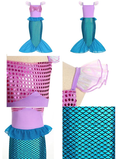 Little Girls Summer Clothing Children Ariel Mermaid Cosplay Blue Green Pink Sunshine Beach Enjoy Vacation Princess Ruffles Dress