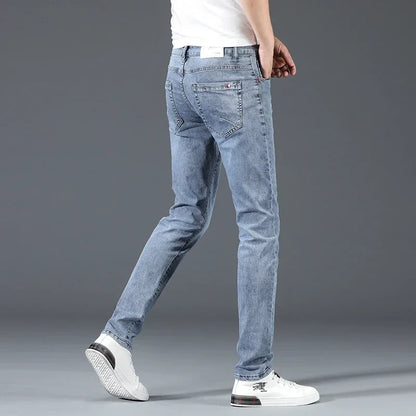 2024 New Men's Cotton Business Casual Skinny Jeans Trendy Fashionable Stretch Straight Slim Denim Trousers Male Blue Grey